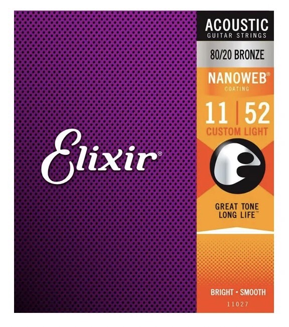 สายกีต้าร์โปร่ง เคลือบกันสนิม Elixir 80/20 Bronze Nanoweb Anti-rust Custom light 11-52