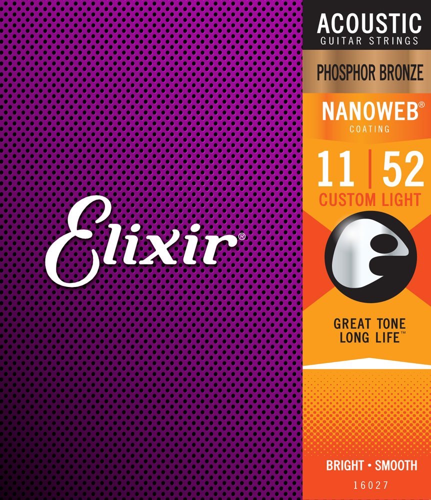 สายกีต้าร์โปร่ง เคลือบกันสนิม Elixir Phosphor Bronze Nanoweb Anti-rust Custom light 11-52